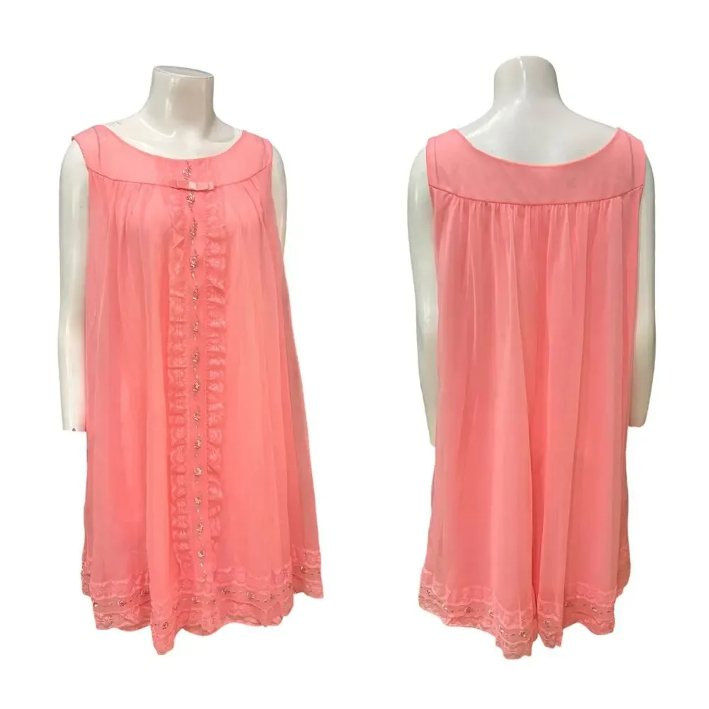 Vintage 1960s Pink Lace Nylon Floral Peignoir Robe Nightgown Set M -